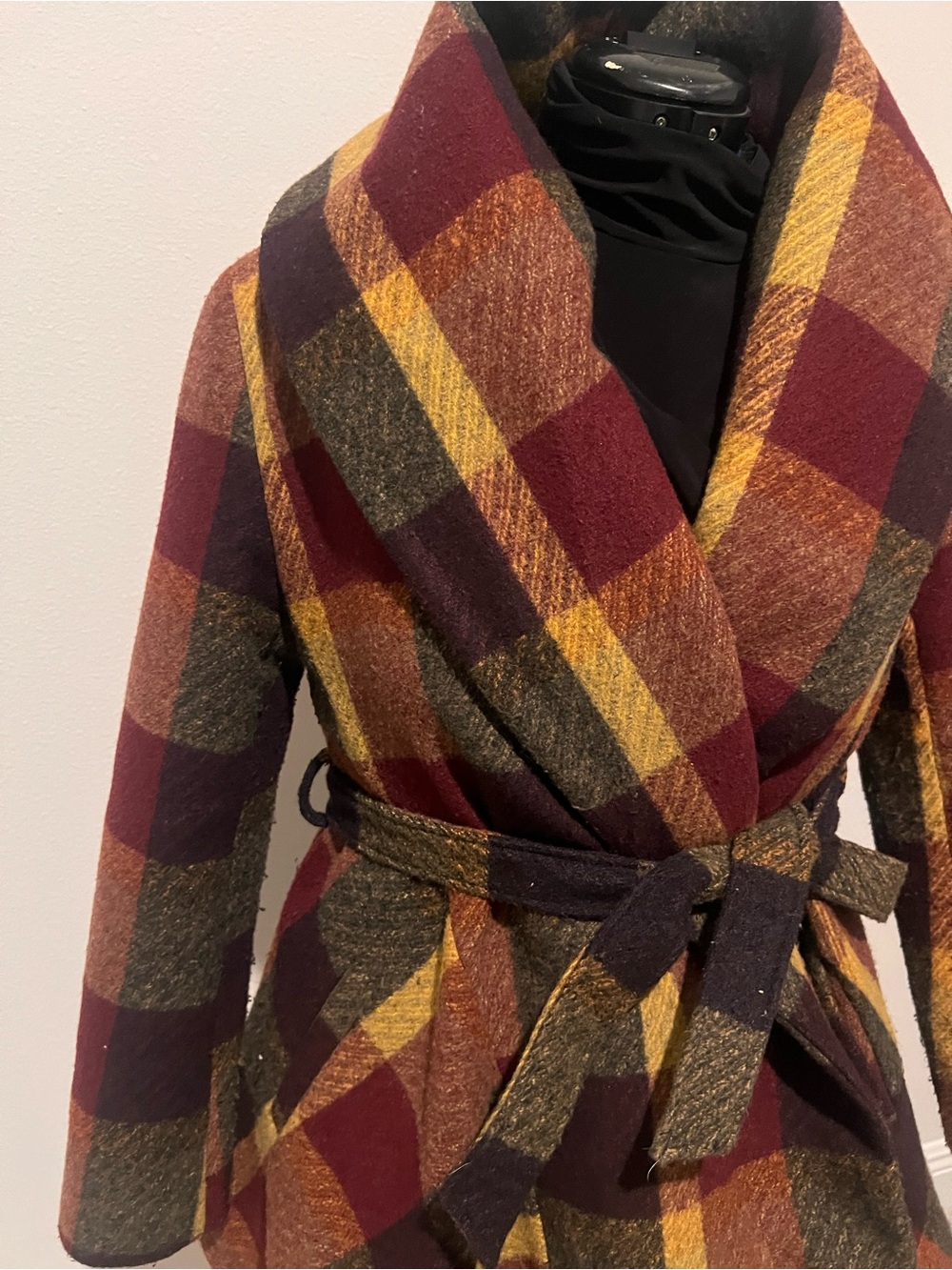 Chicwish Plaid Wrap Coat in Burgundy, Mustard & Olive size S - Picture 7 of 10
